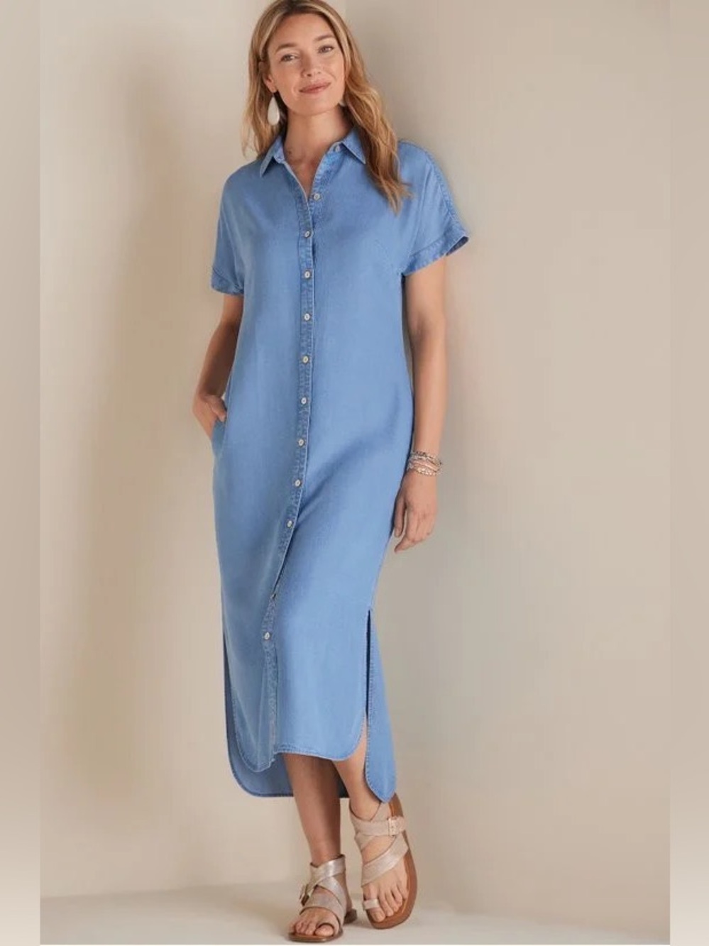 Soft Surroundings Light Blue Denim Button-Front Shirt Dress
